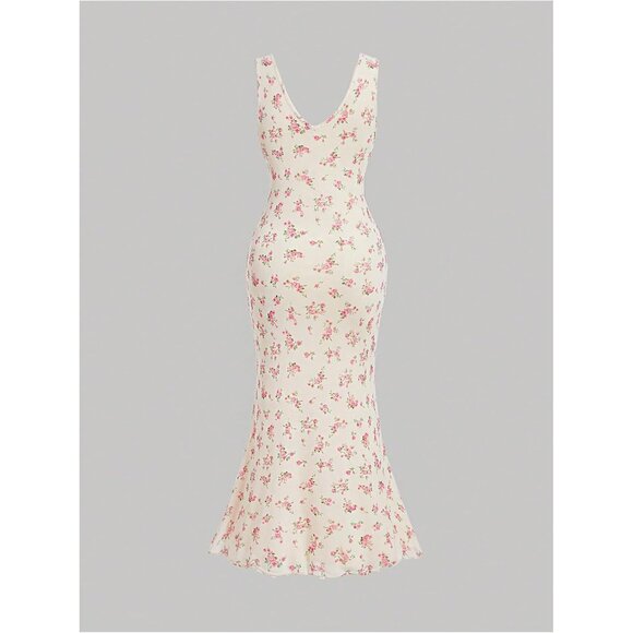 Plus Size Floral Mesh Bodycon Fishtail Wedding Guest Dress Sleeveless - Picture 2 of 4